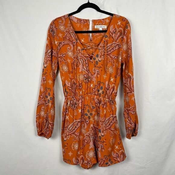 Abercrombie & Fitch Orange Paisley Long Sleeve Romper - Women’s S - Picture 2 of 9
